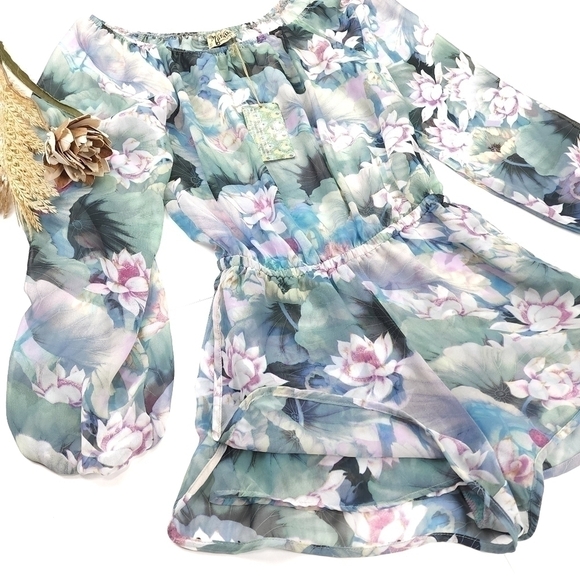 New Show Me Your Mumu Sheer Blue Green Pink Floral Rane Romper Sz S - Picture 2 of 13